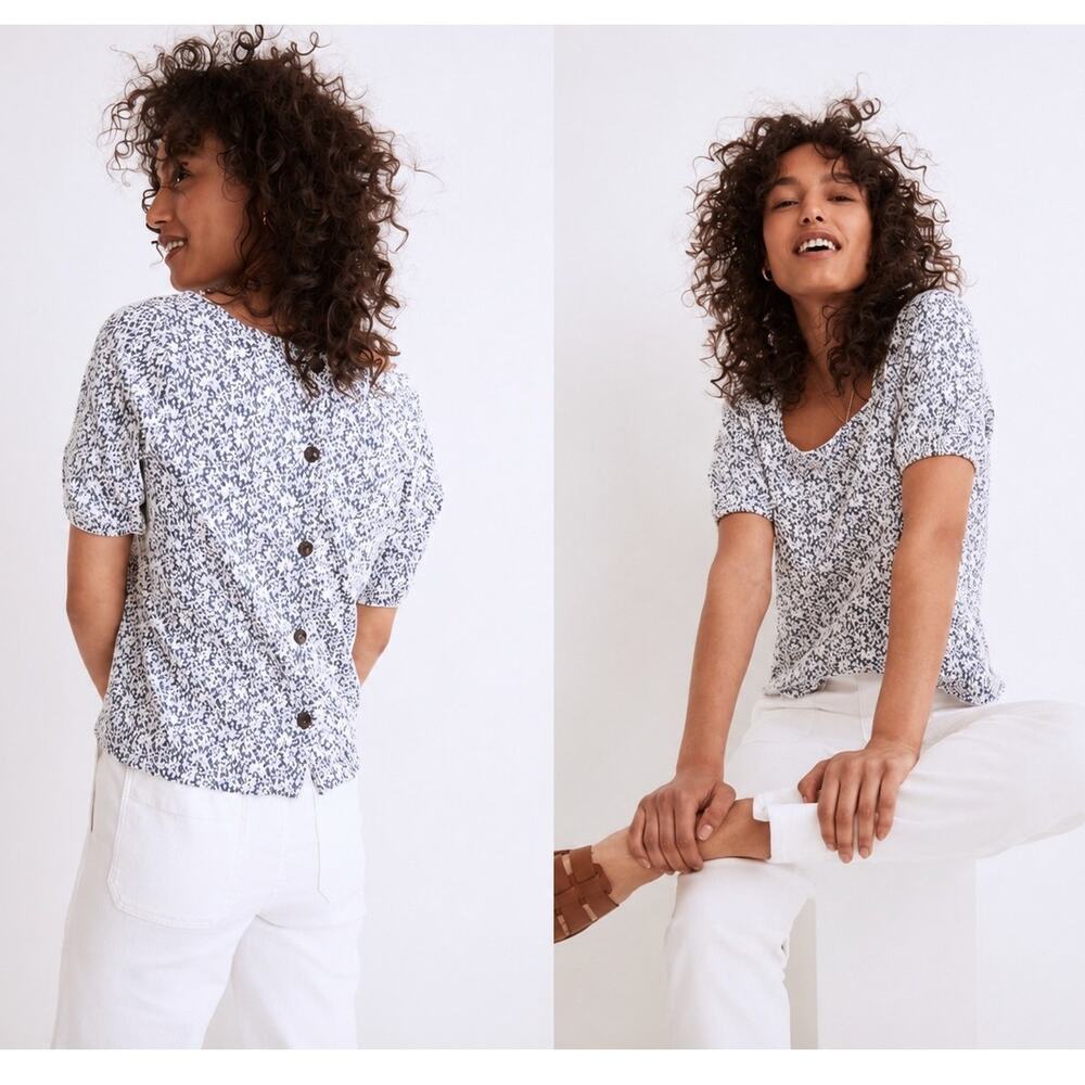 Madewell Floral Jacquard Button Back Square Neck Top Size Small